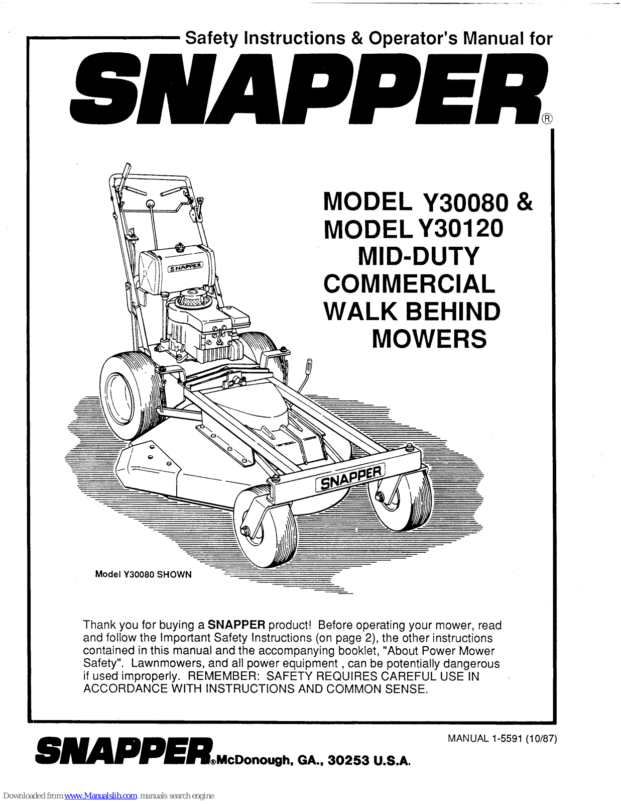 Snapper Y30120,Y30080 Safety Instructions & Operator's Manual