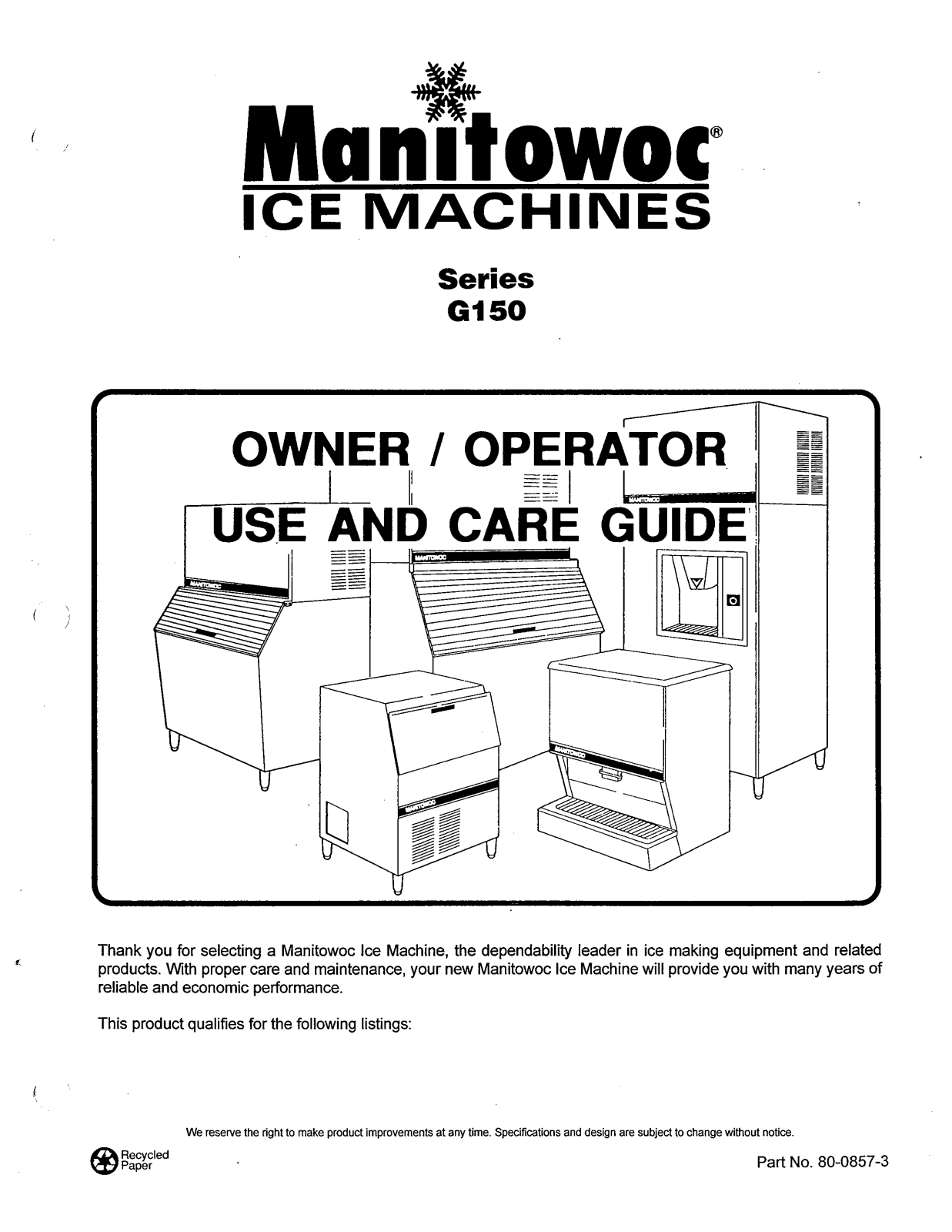 Manitowoc Ice GR0150A Operator’s Manual