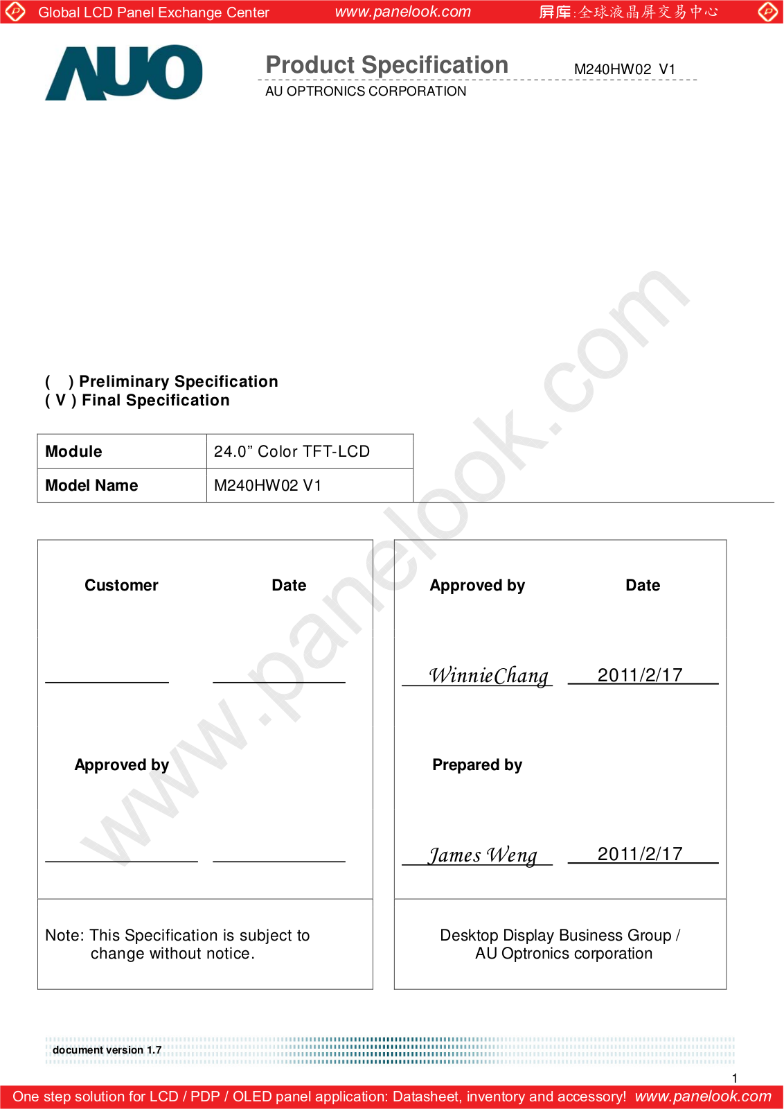 AUO M240HW02 V1 Specification - ManualMachine.com