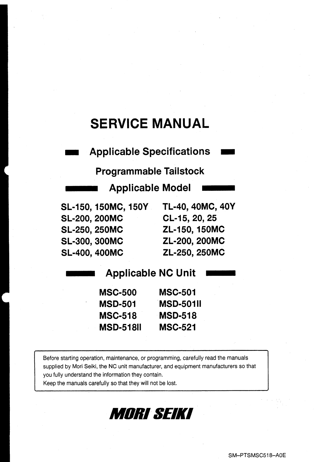 mori seiki SL-150, 150MC, 150Y, SL-200, 200MC Service Manual