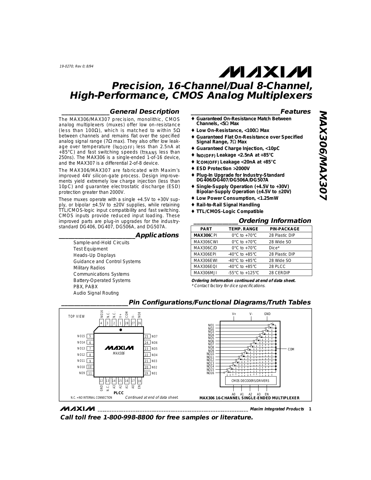 Maxim MAX307EWI, MAX307EPI, MAX307CWI, MAX307C-D, MAX306MJI Datasheet