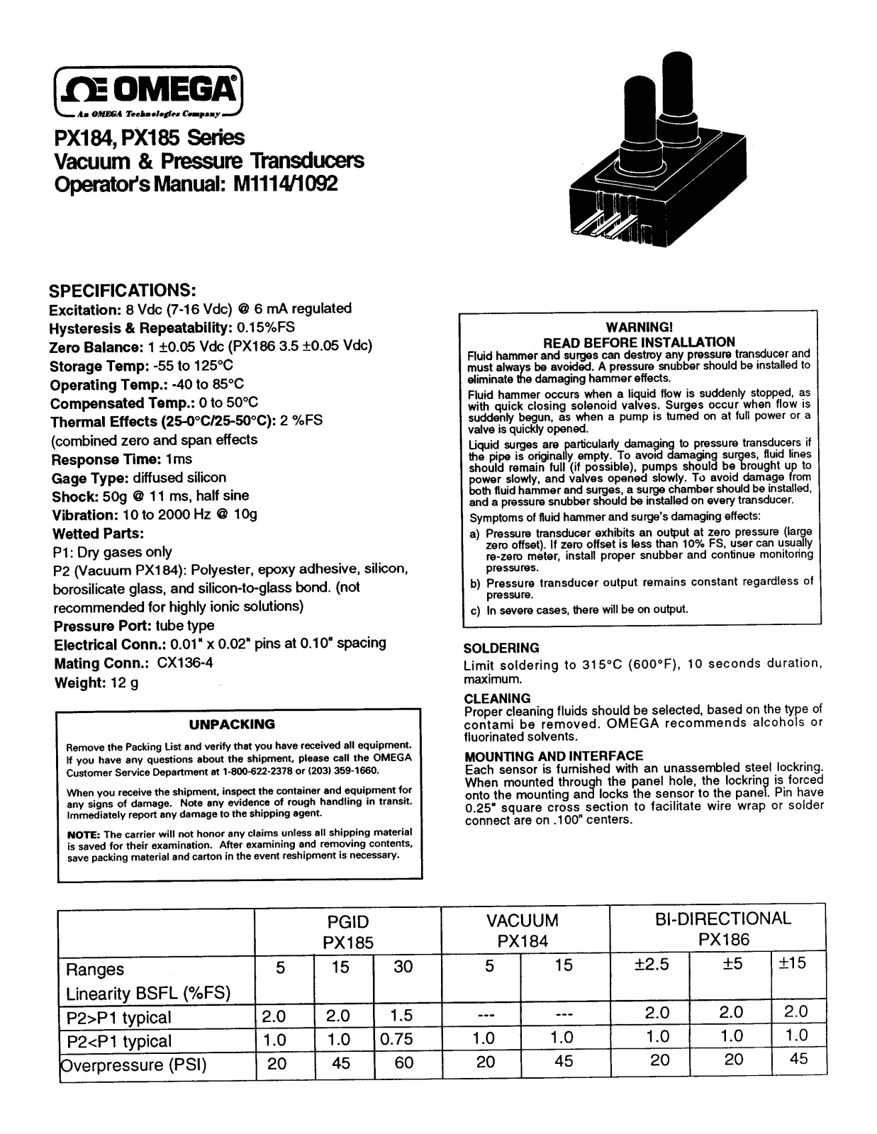 Omega Products PX184 Installation  Manual