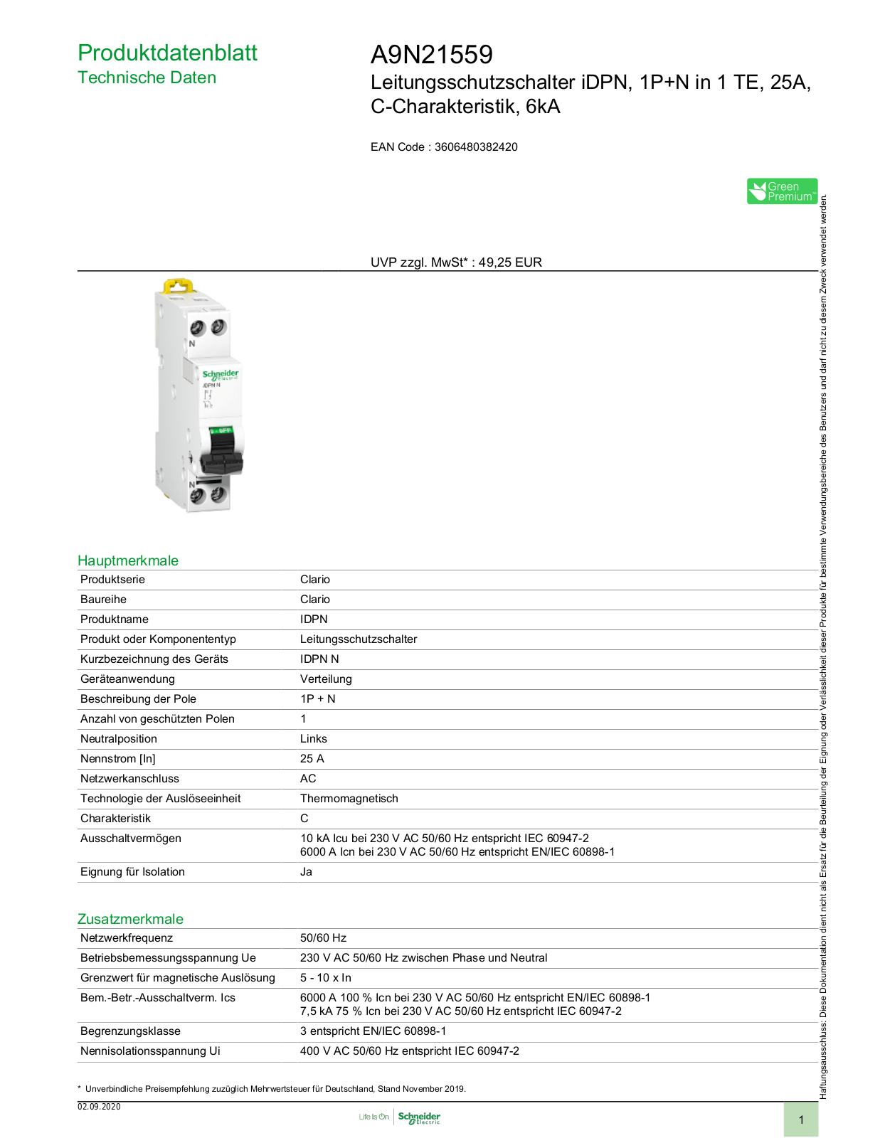 Schneider Electric A9N21559 Technische Daten