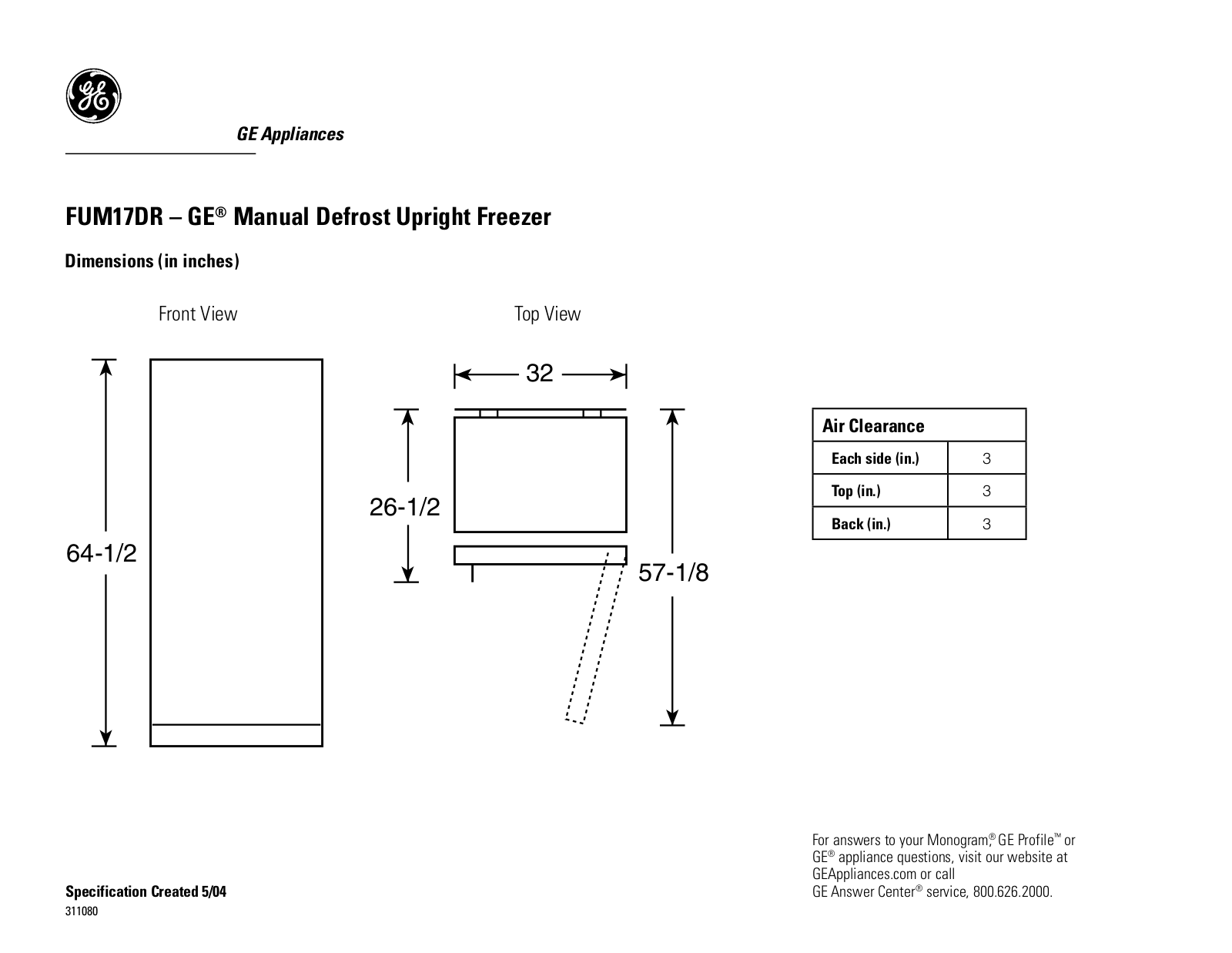 GE FUM17DR Specification