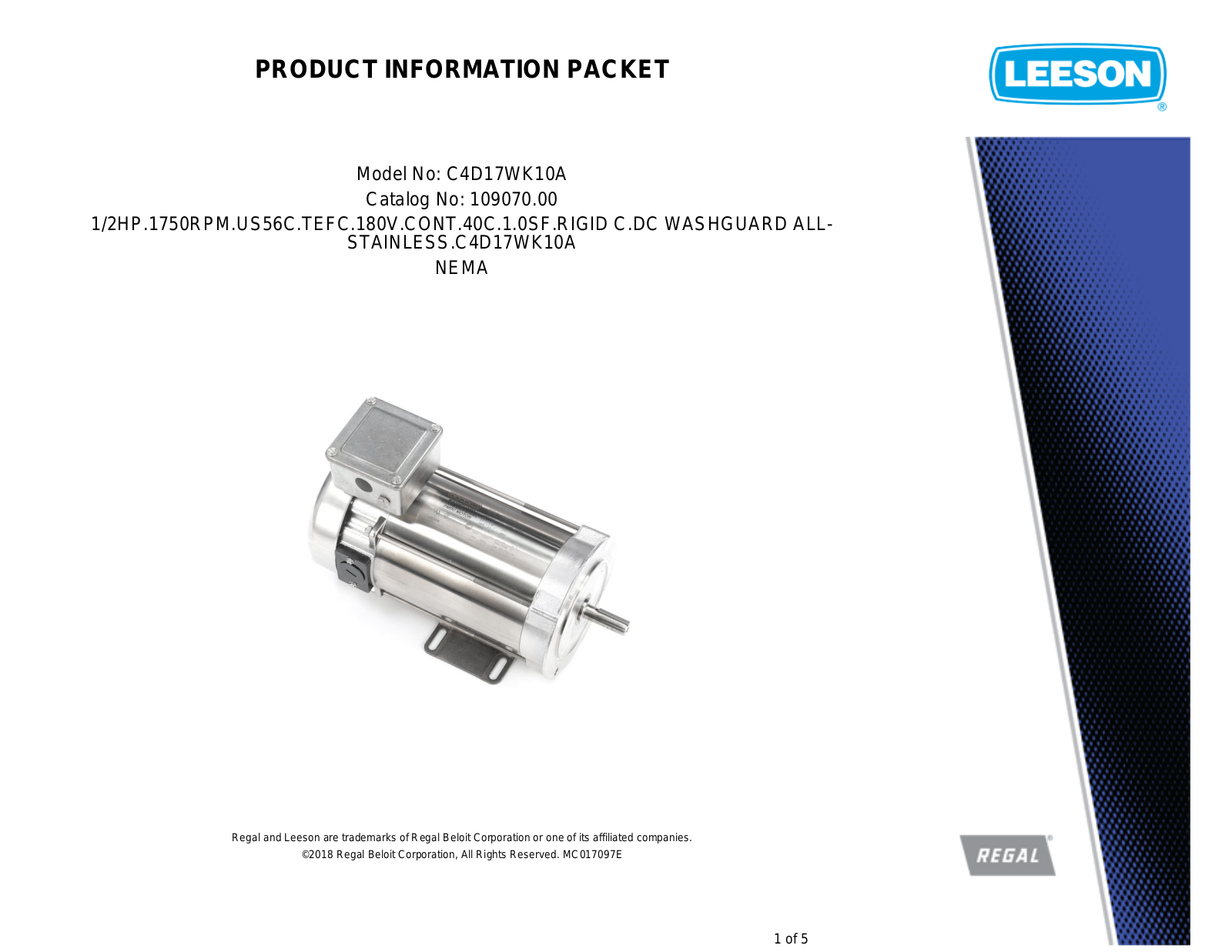 Leeson 109070.00 Product Information Packet