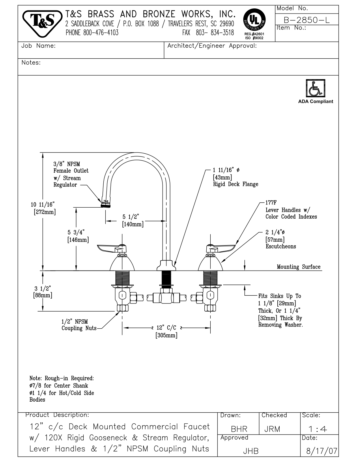 T&S Brass Manuals B-2850-L User Manual