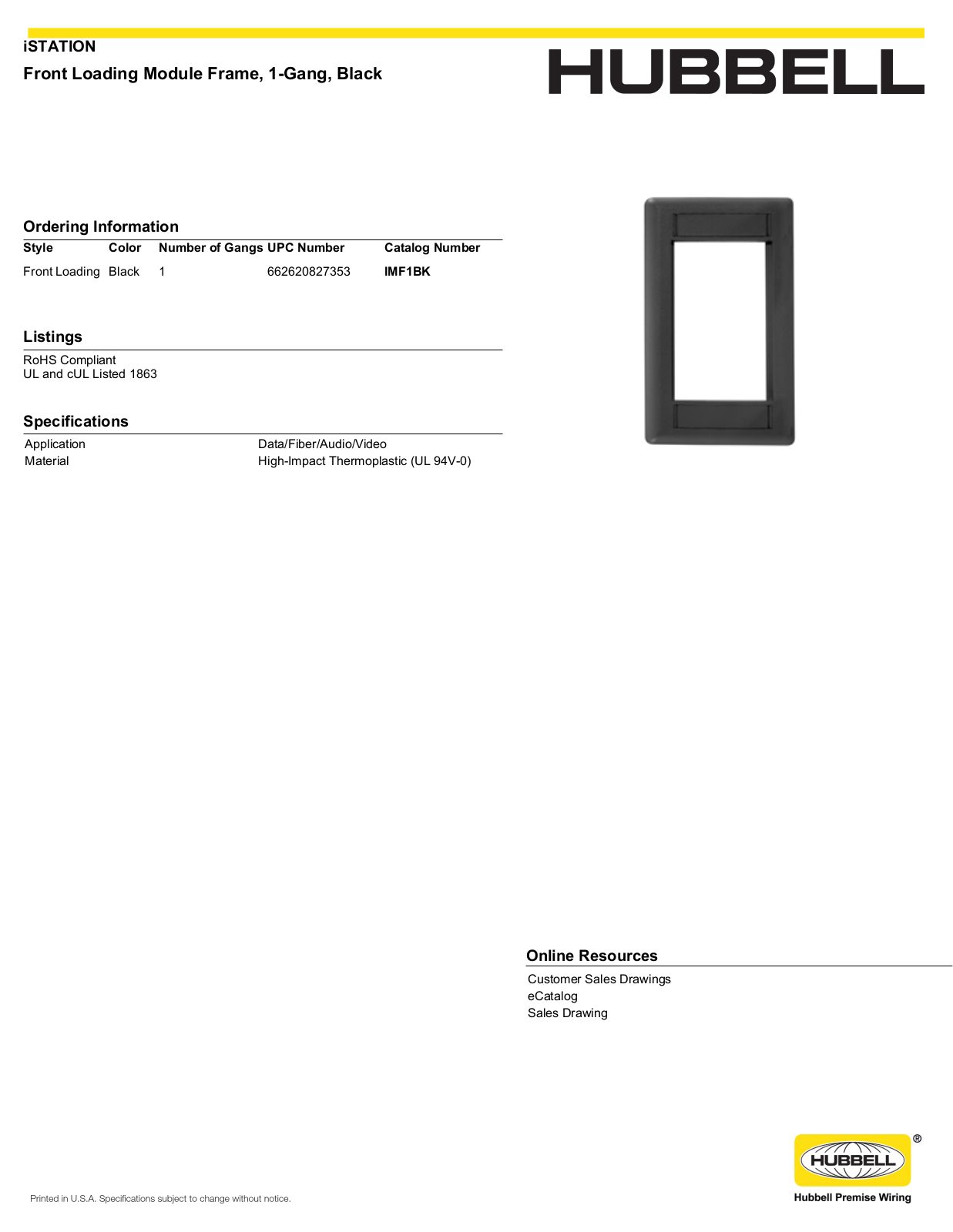 Hubbell IMF1BK Specifications