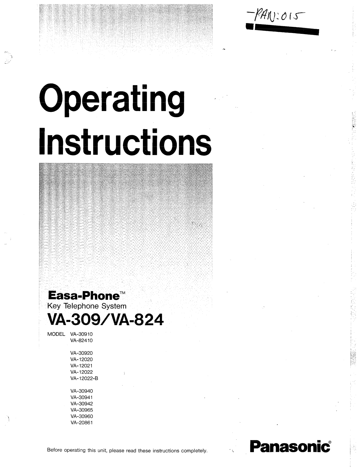 PANASONIC VA-309 10, VA-8241 0, VA-30920, VA-12020, VA-12021 User Guide