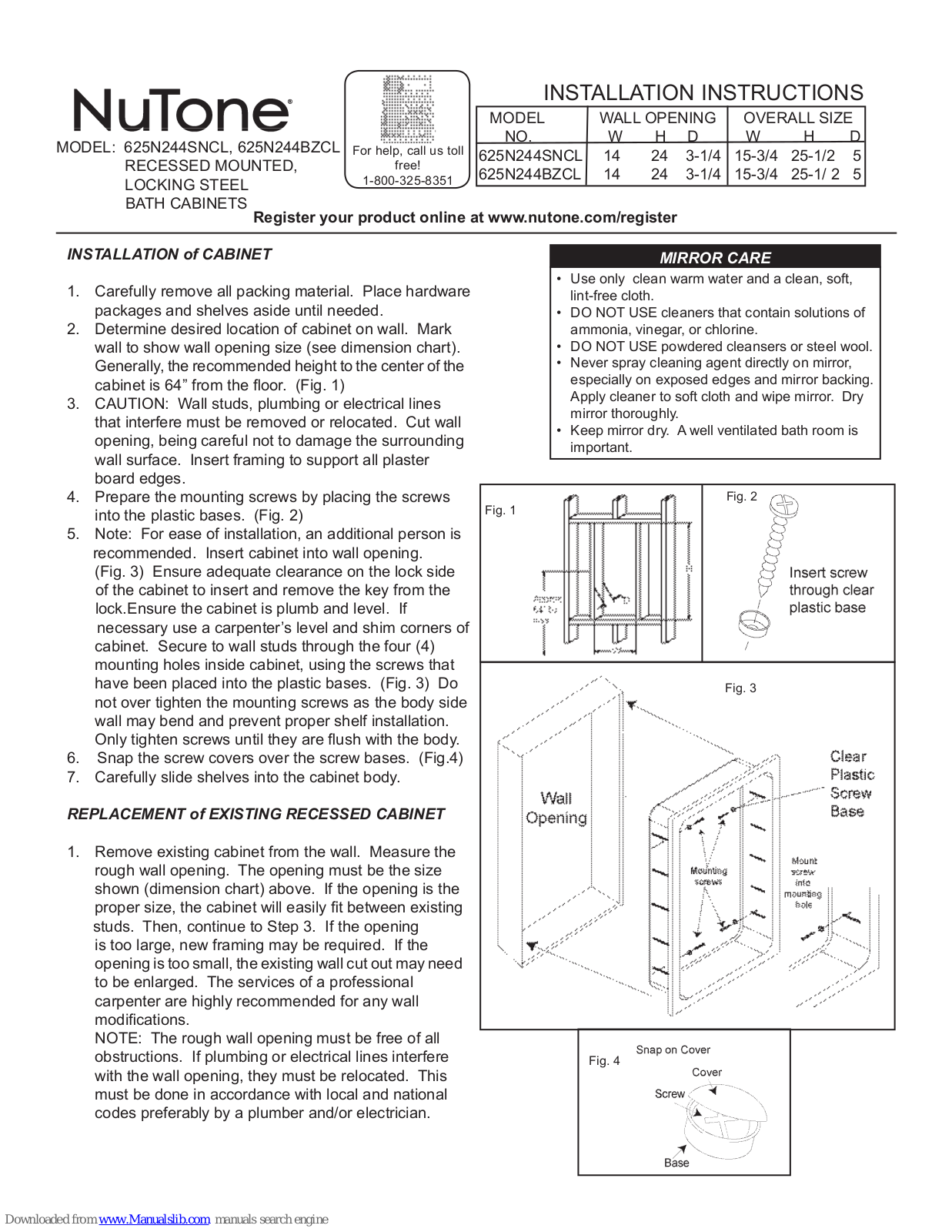 NuTone 625N244SNCL, 625N244BZCL Installation Instructions Manual