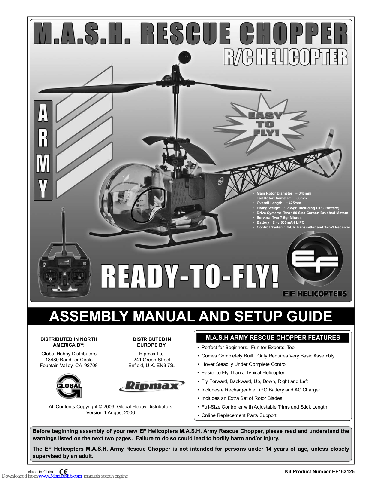 EF Helicopter M.A.S.H. Army Rescue Chopper Assembly Manual And Setup Manual