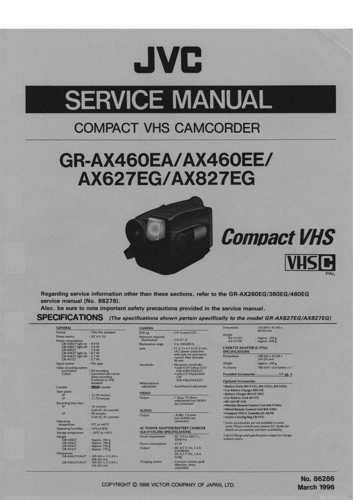 JVC GR-AX460EA, GR-AX460EE, GR-AX627EG, GR-AX827EG Service Manual