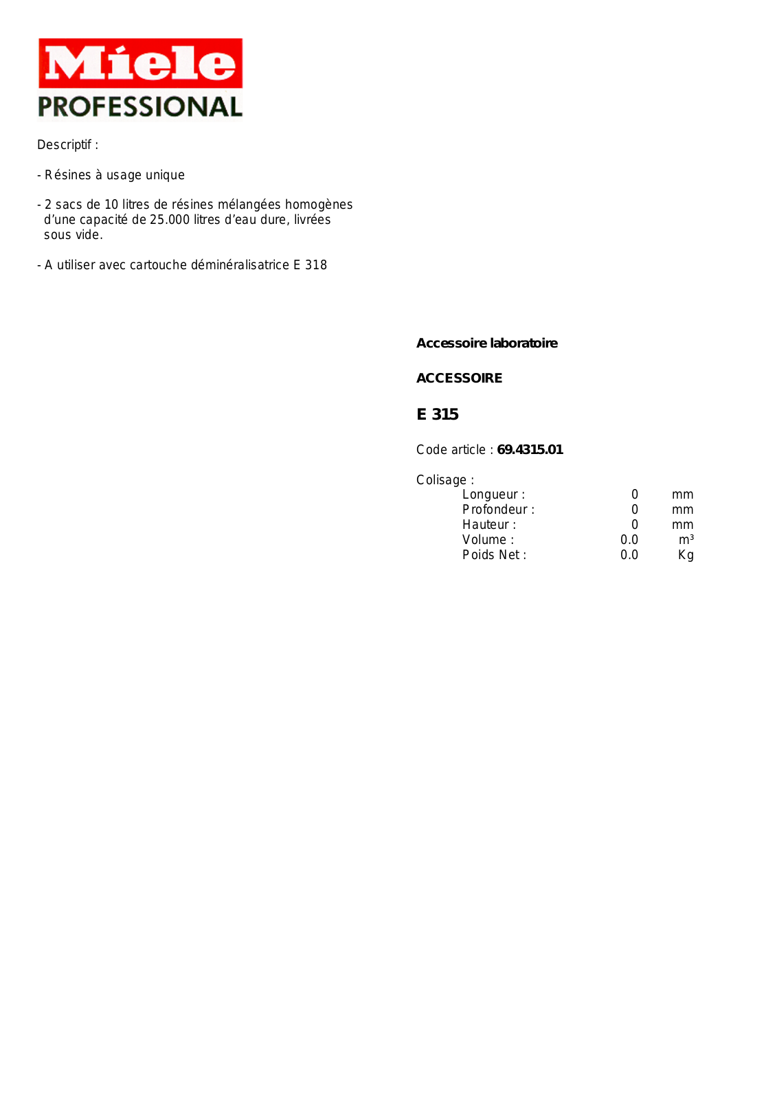 MIELE E 315 DESCRIPTIF User Manual