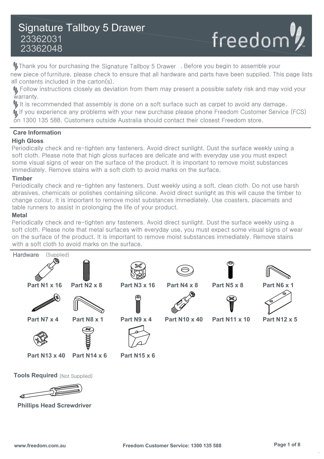 Freedom Signature Tallboy 5 Drawer Assembly Instruction