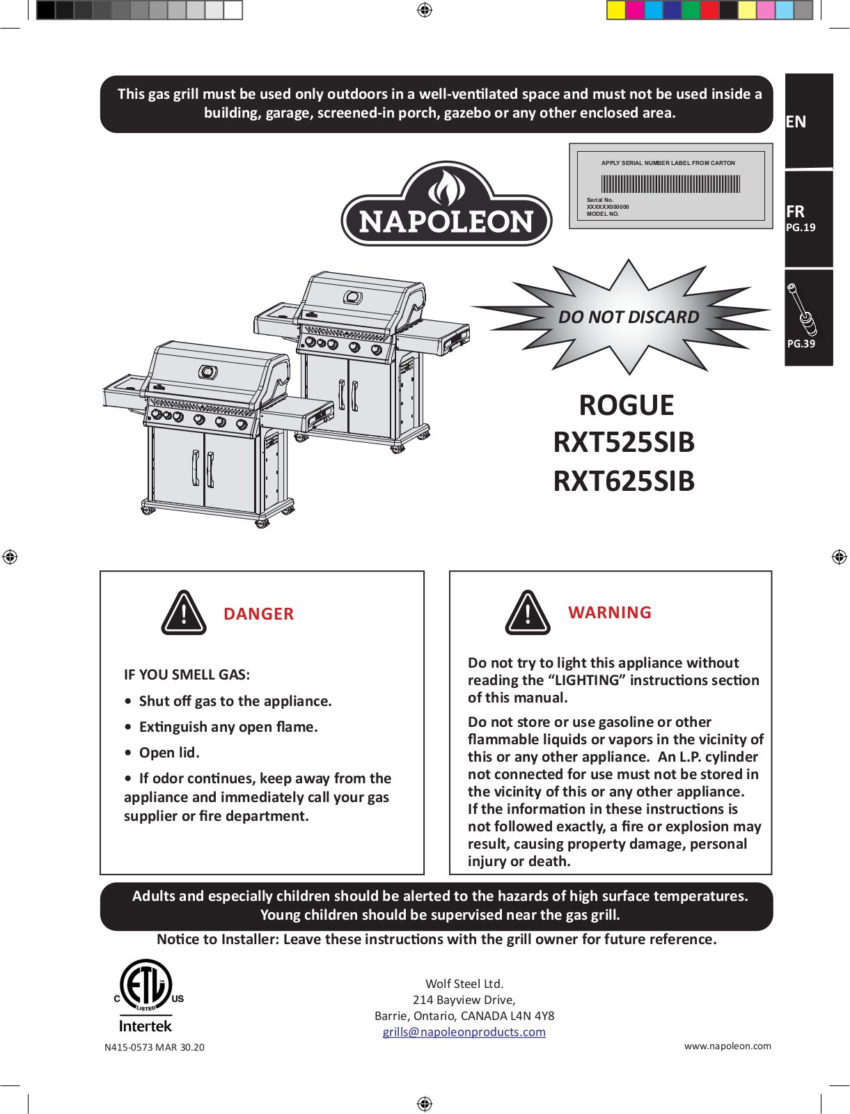 Napoleon RXT525SIBPSS1 User Manual