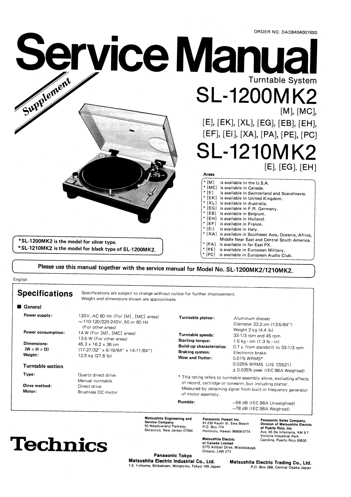 Technics SL-1200MK2, SL-1210MK2 Service Manual