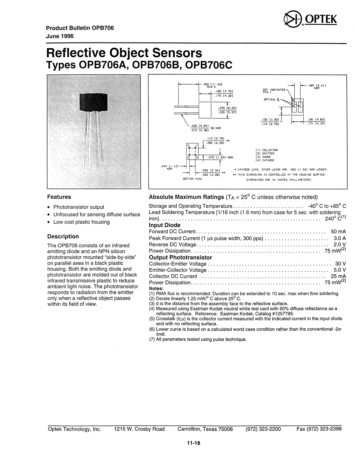 OPTEK OPB706C, OPB706B, OPB706A Datasheet