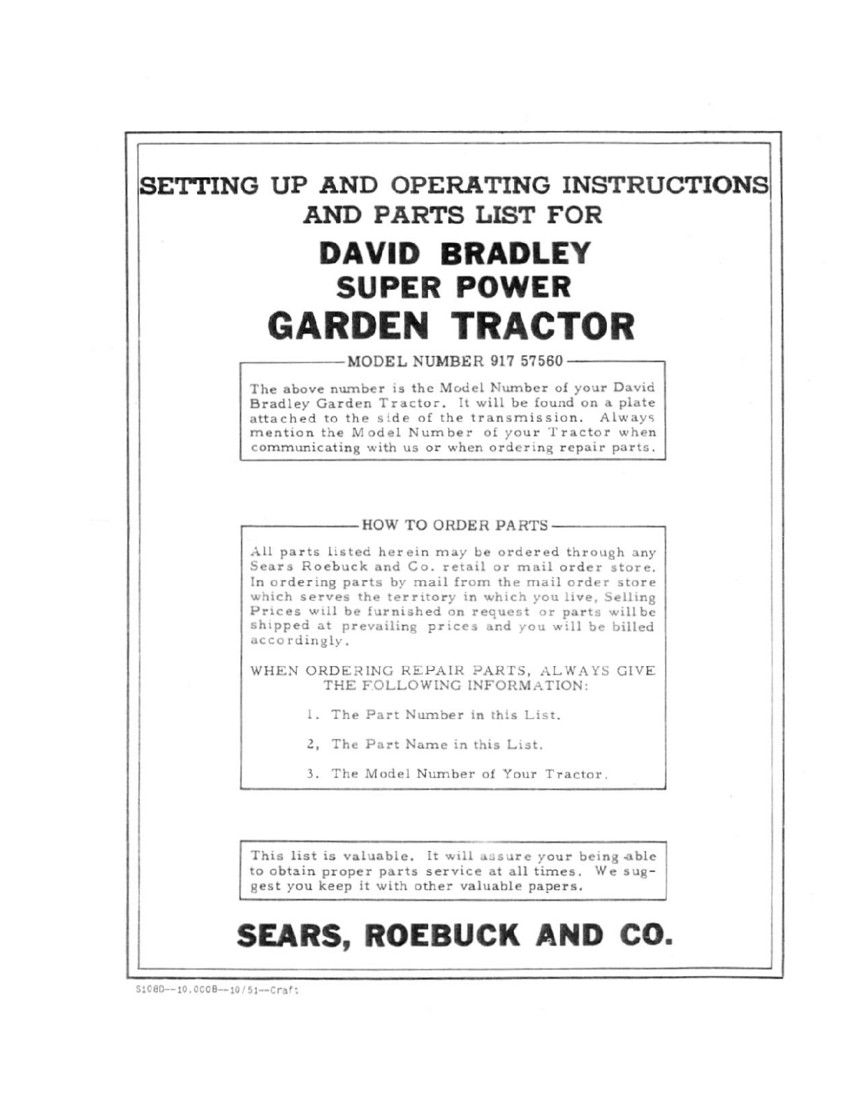 David Bradley 917.57560 Operating Instruction