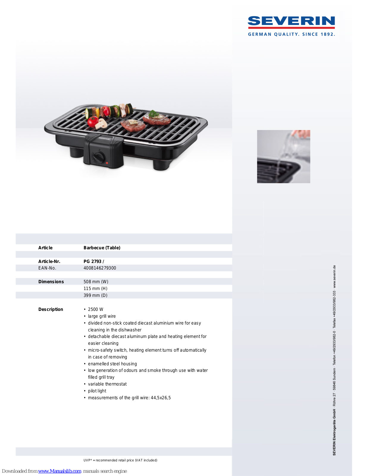 SEVERIN PG 2793,PG 2793 Dimensions