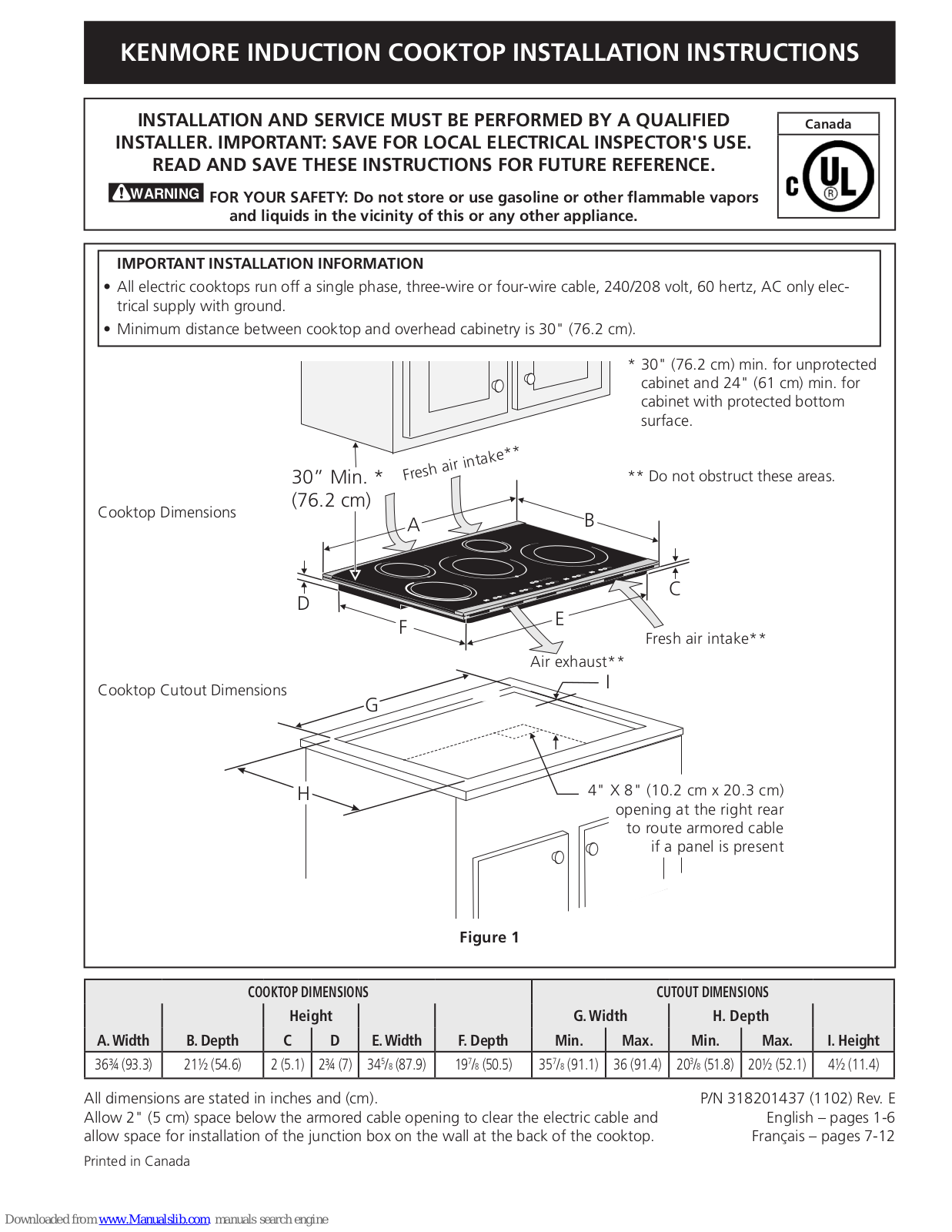 Kenmore induction COOKTOP Installation Instructions Manual