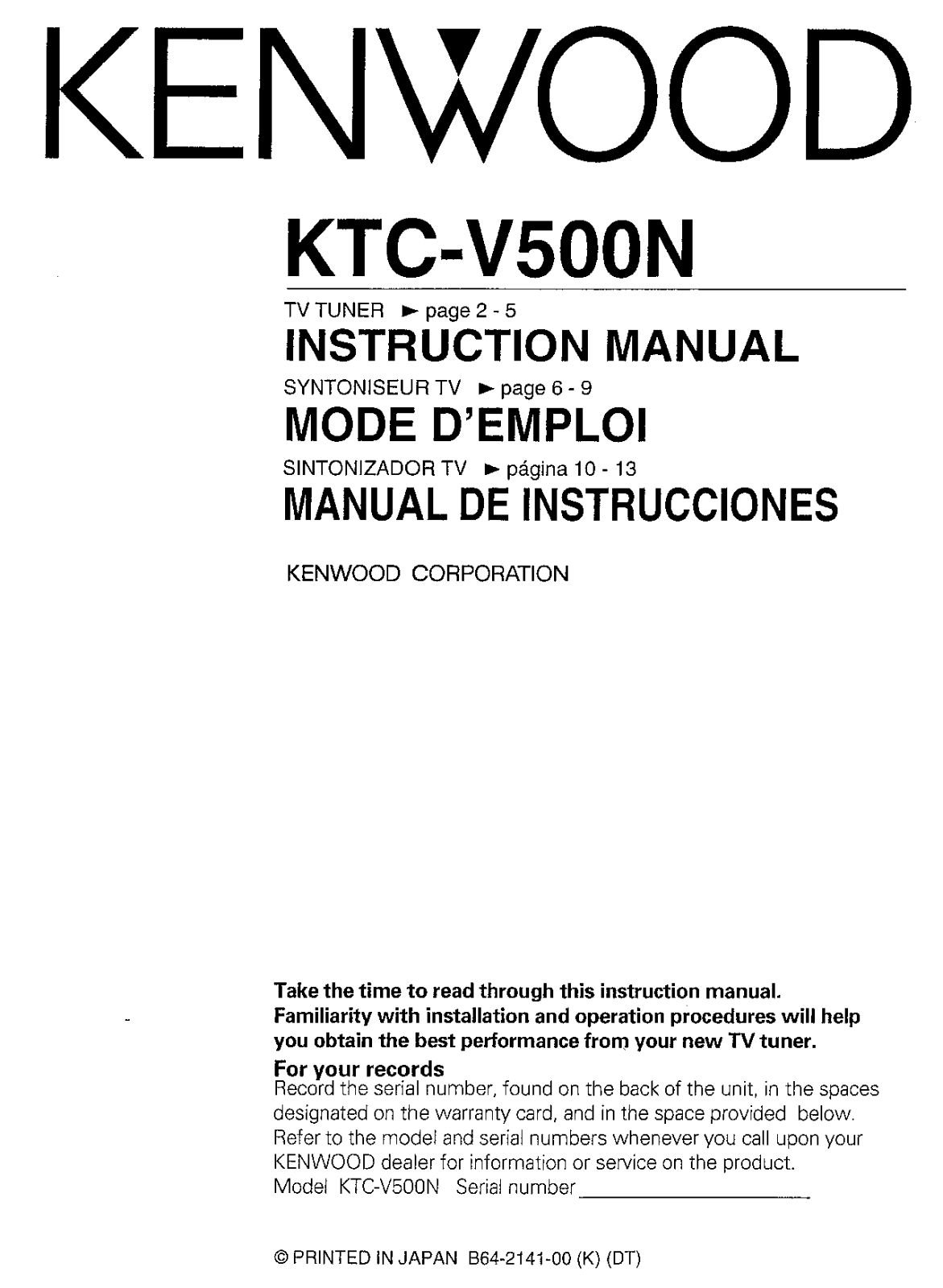 Kenwood KTC-V500N Owner's Manual