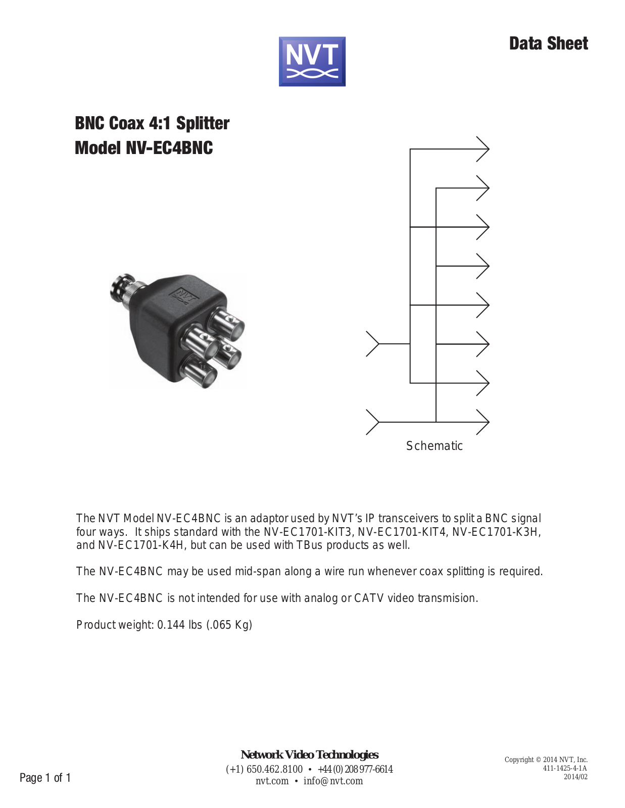 NVT NV-EC4BNC Specsheet