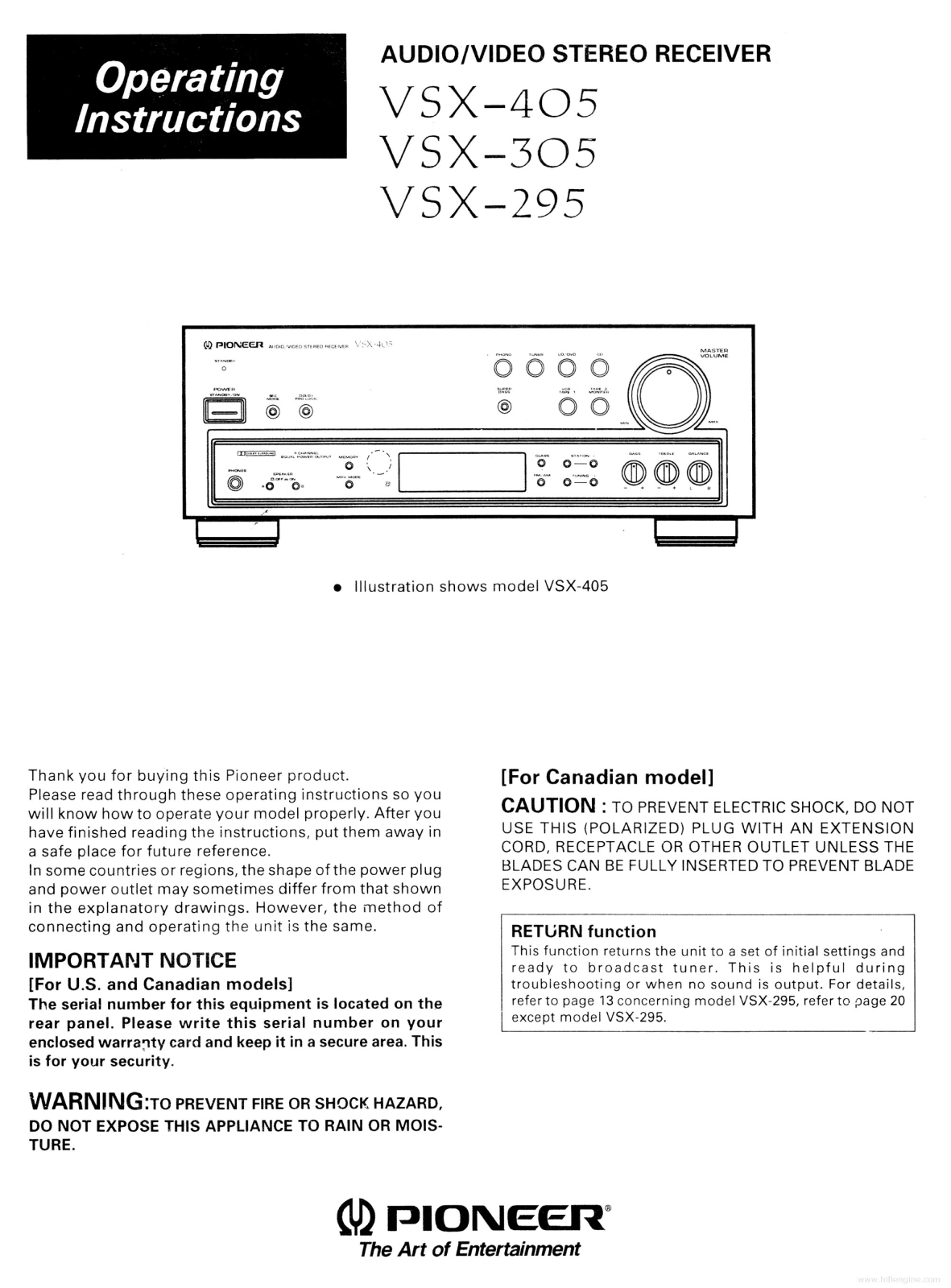 Pioneer VSX-295, VSX-305, VSX-405 Operating Manual