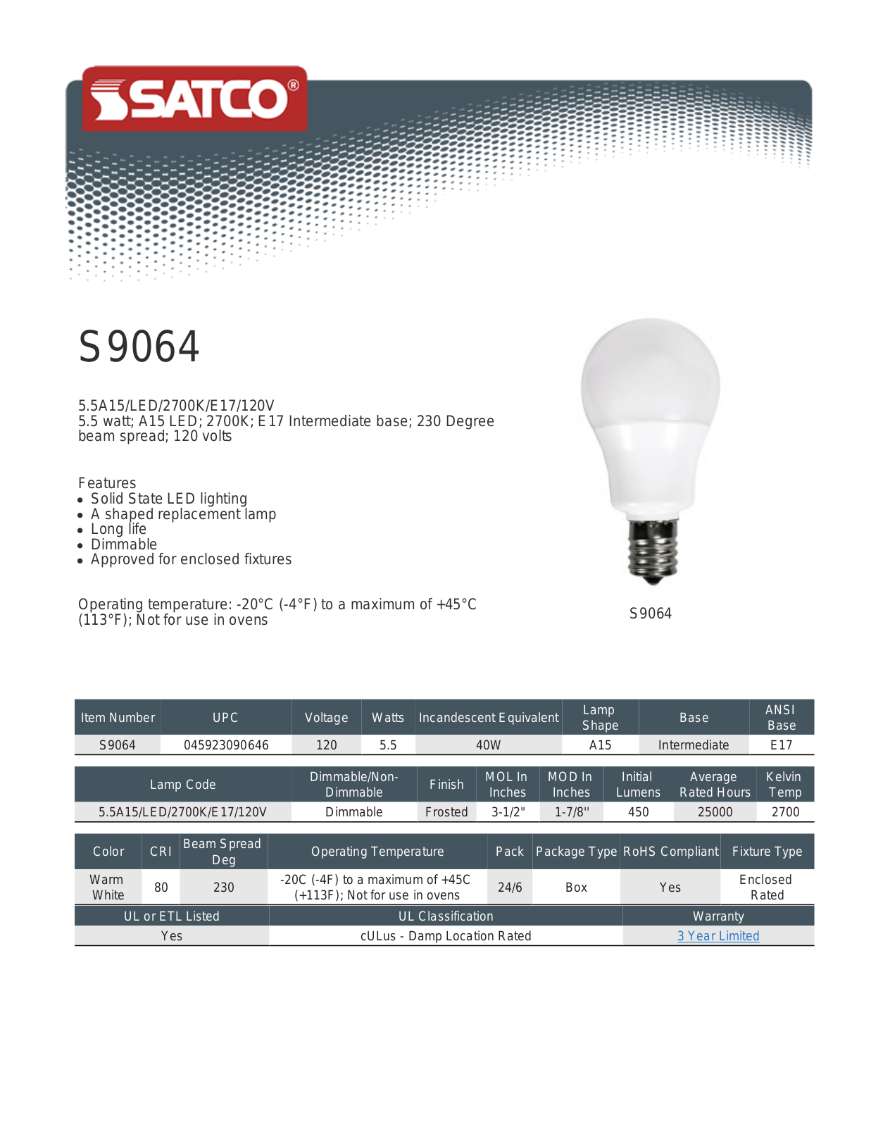 Satco KLR1230 Specifications Sheet - ManualMachine.com