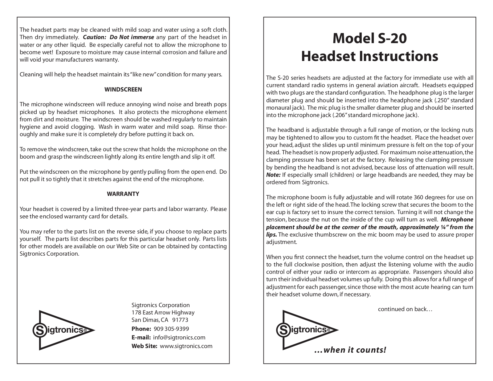 Sigtronics S-20 User Manual