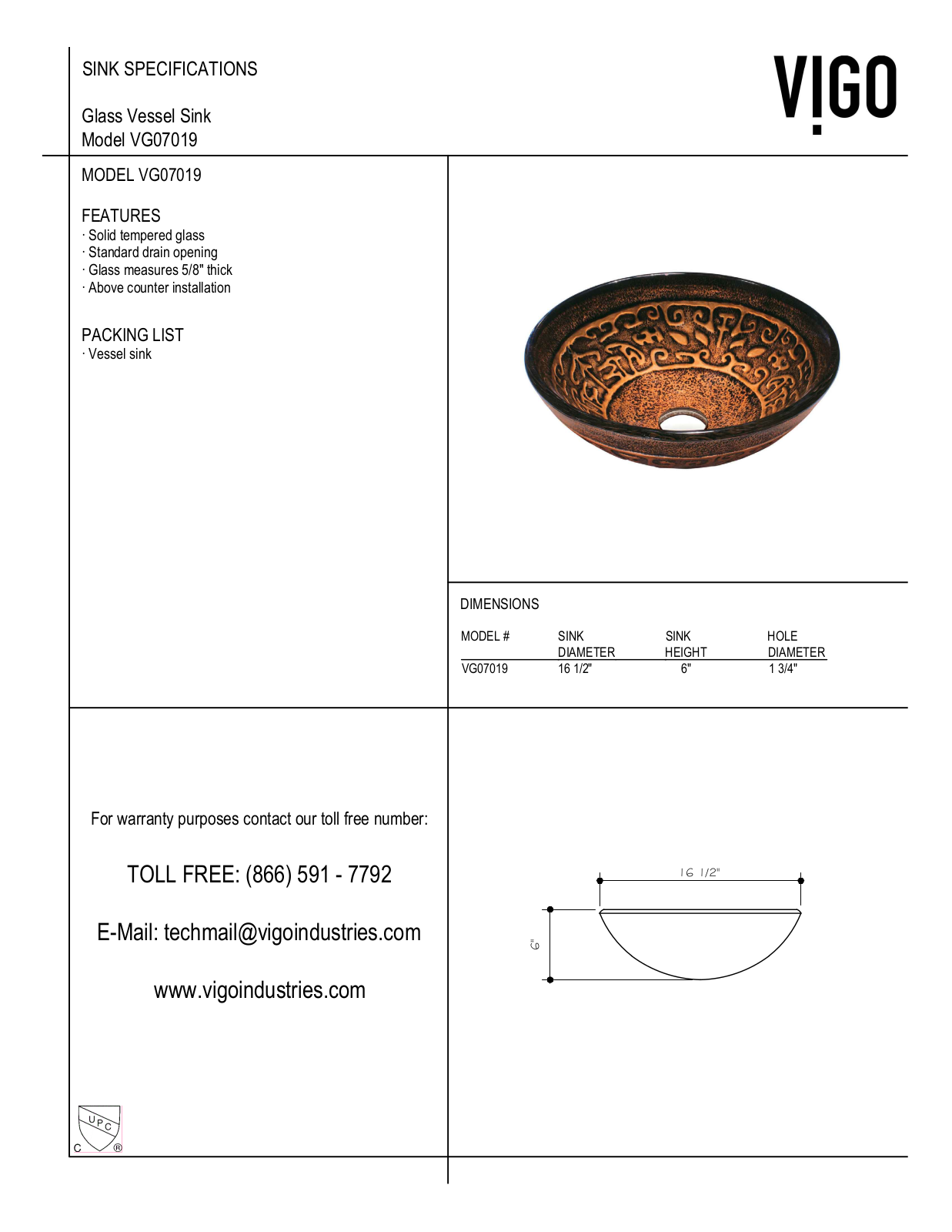 Vigo VGT1039, VGT020BNRND, VGT327, VGT371, VGT904 Specifications