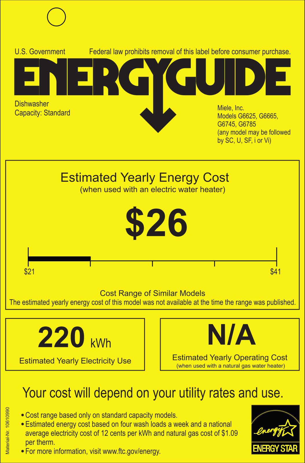 Miele G6625USS Energy Guide