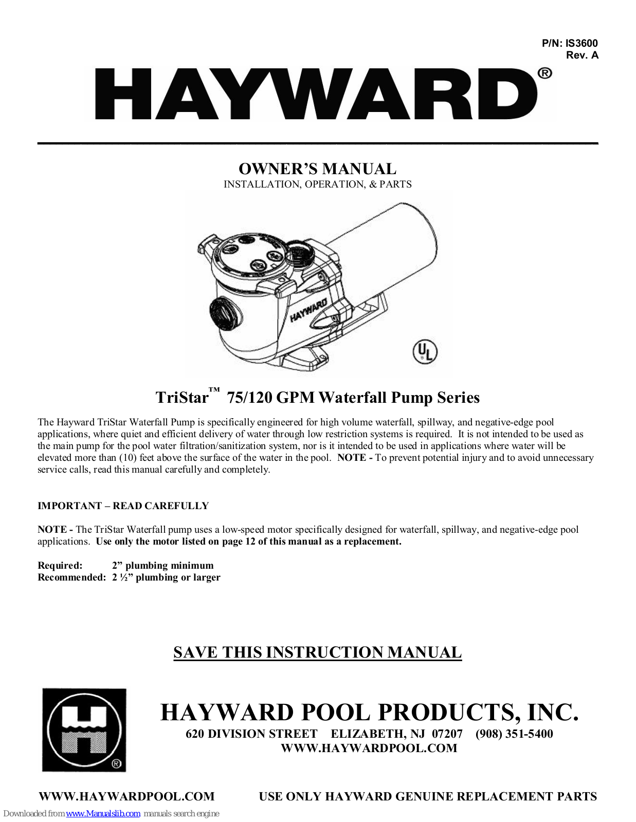 Hayward TriStar Waterfall, TriStar SP36075EE, TriStar SP36120EE Owner's Manual