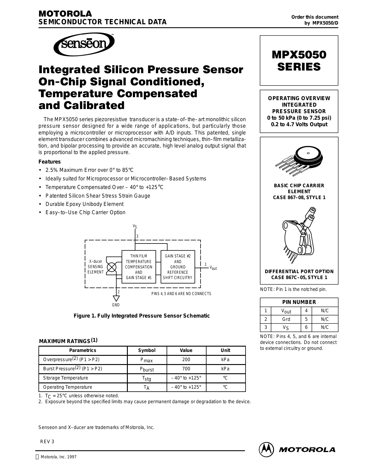 Motorola MPX5050GVSX, MPX5050GVP, MPX5050GS, MPX5050D, MPX5050GP Datasheet