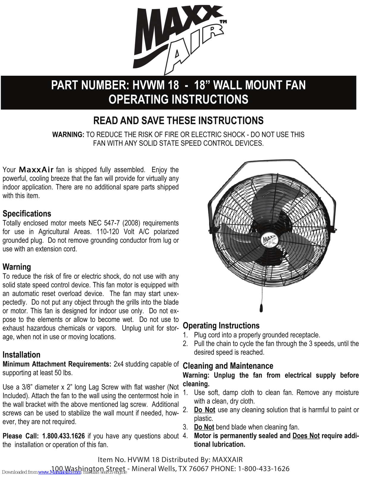 Maxx air HVWM 18 Instructions Manual