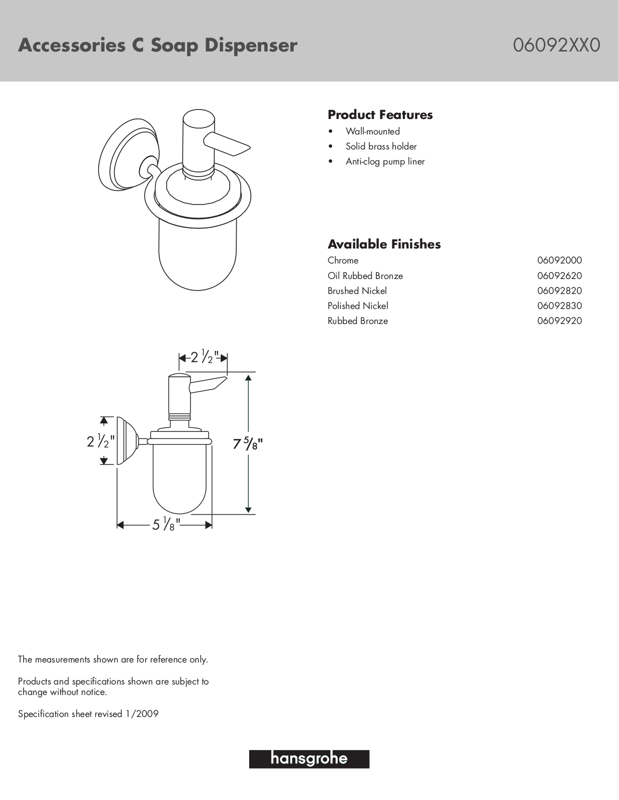 Hans Grohe 06092830, 06092000, 06092620, 06092920, 06092820 User Manual