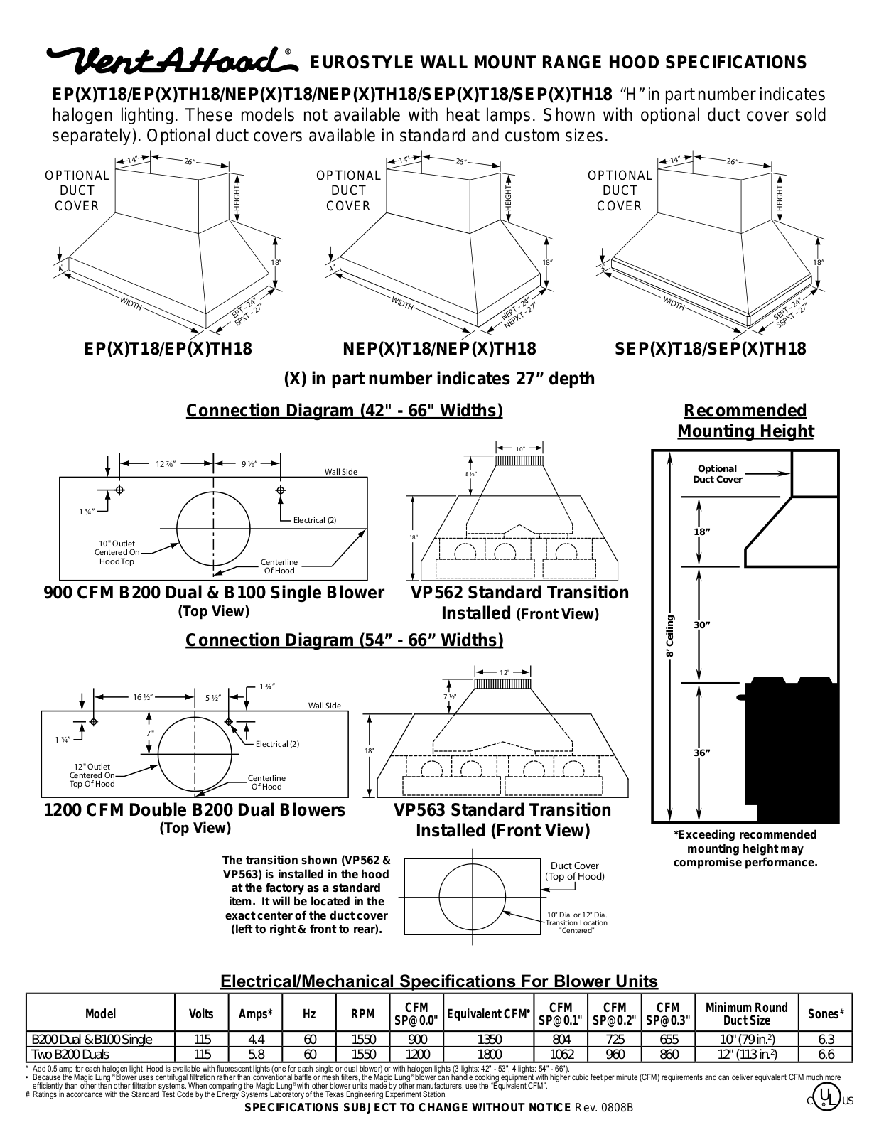 Vent-a-hood EPTH18348SS Specsheet