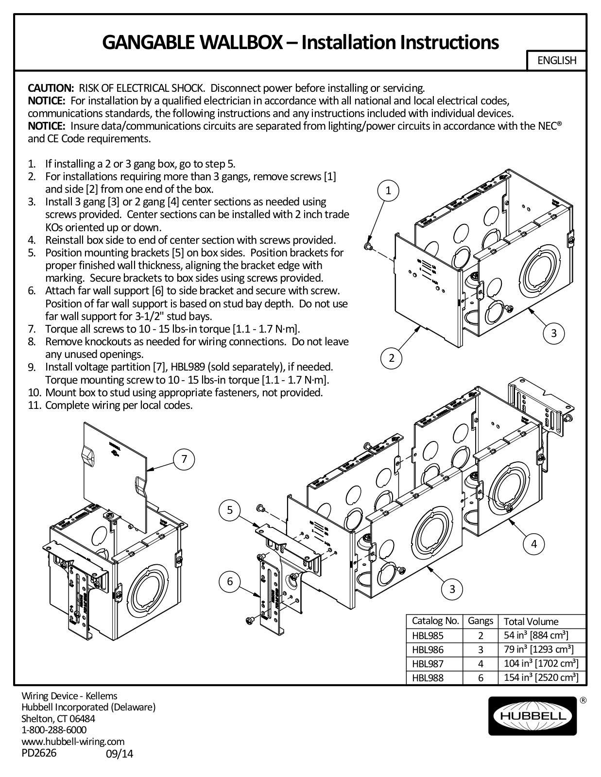 Hubbell HBL985, HBL986, HBL988, HBL987 Installation Instructions Manual