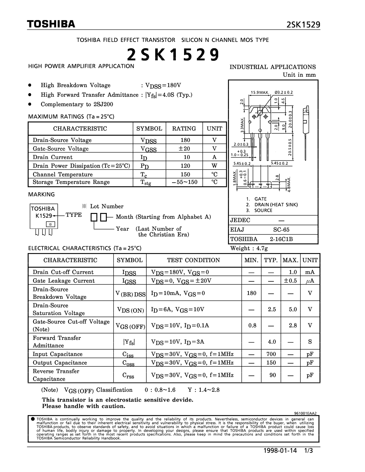 Toshiba 2SK1529 Schematic