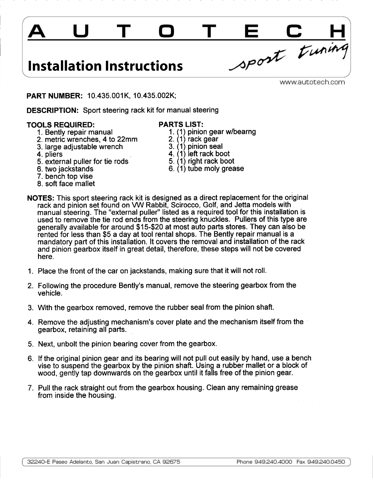 Autotech 10.435.001K, 10.435.002K User Manual