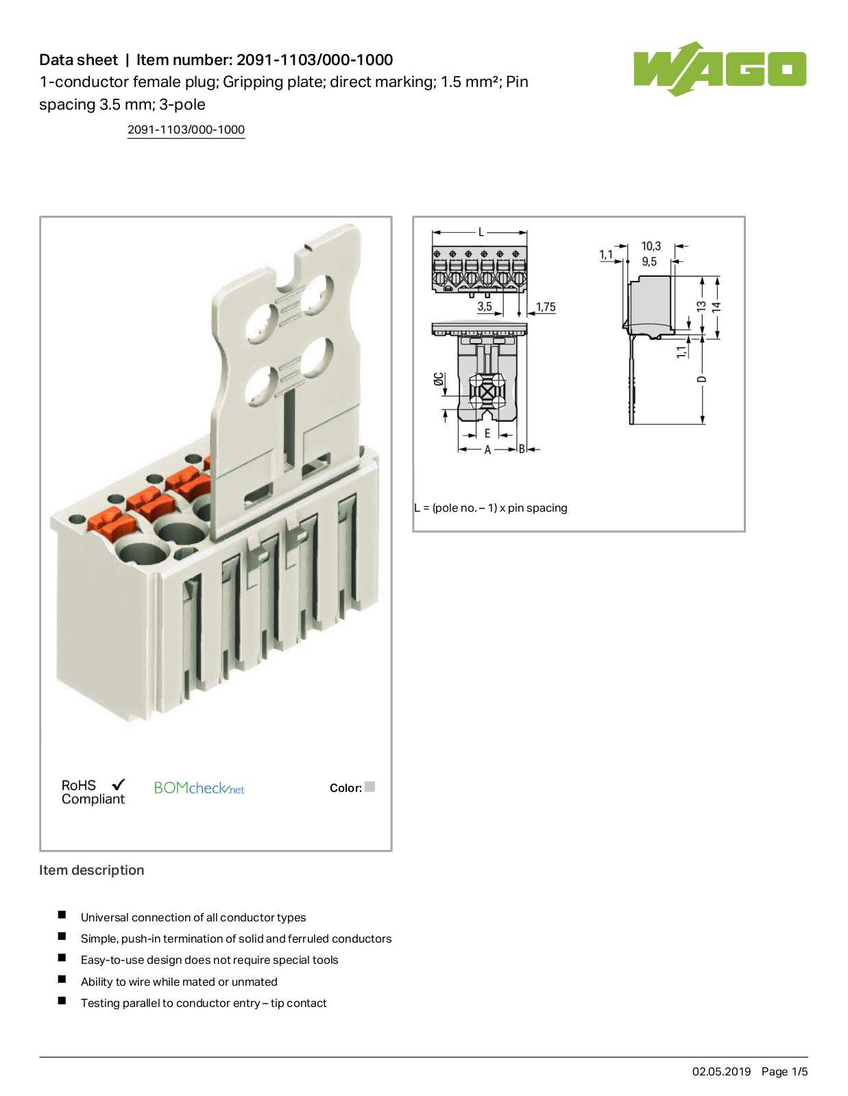 Wago 2091-1103/000-1000 Data Sheet