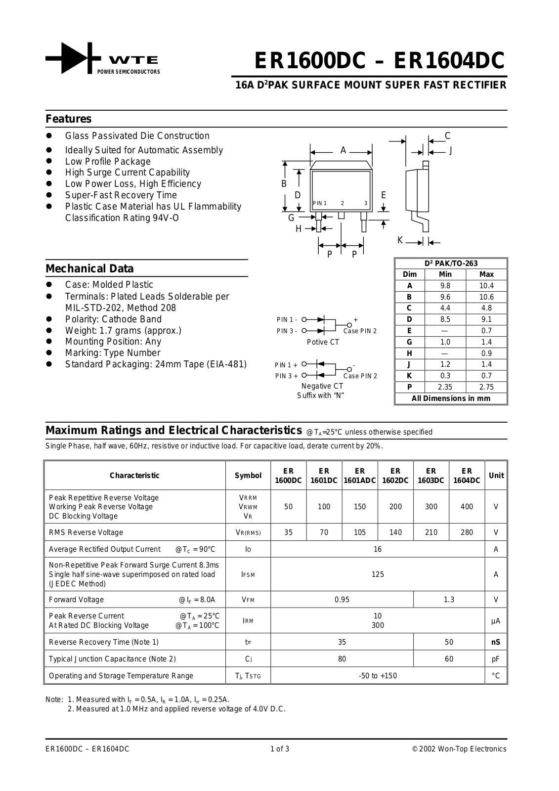 WTE ER1600DC-T3, ER1601ADC-T3, ER1604DC-T3, ER1603DC-T3, ER1602DC-T3 Datasheet