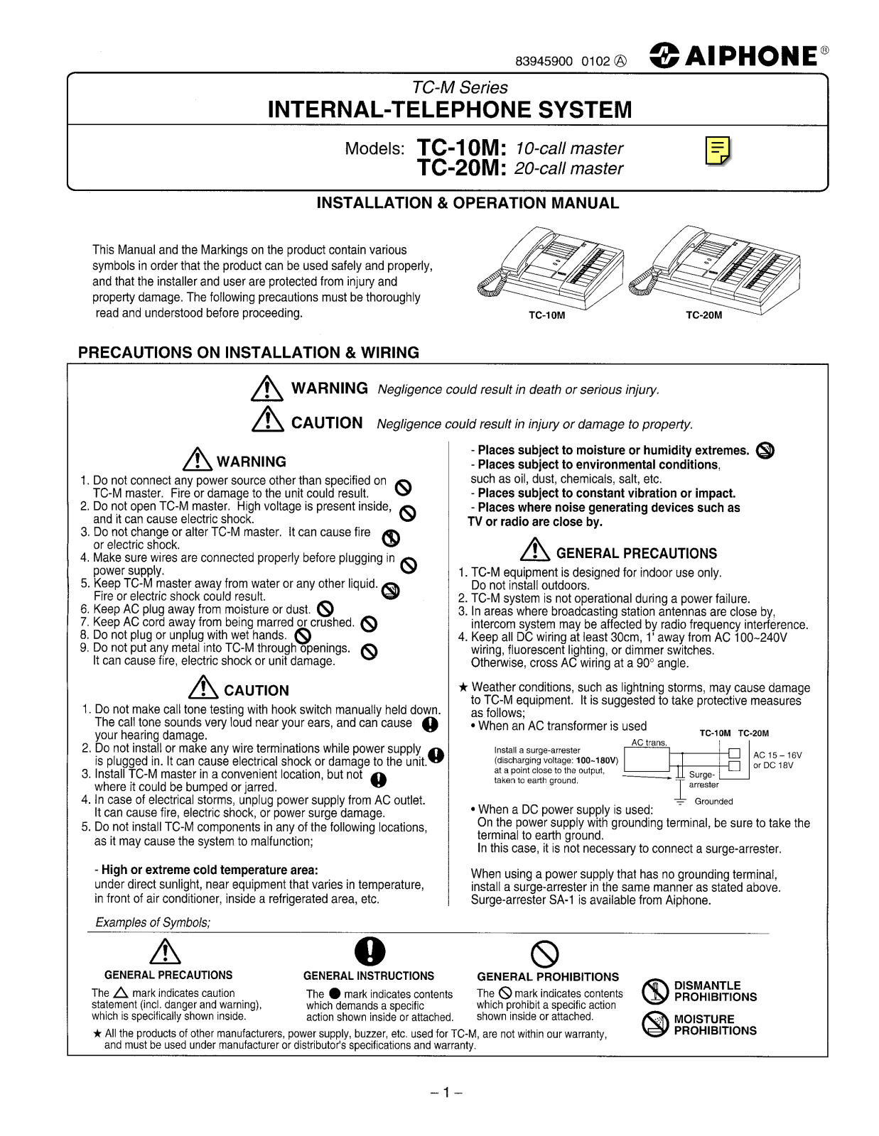 Aiphone TC-10M, TC-20M Installation and Operation Manual