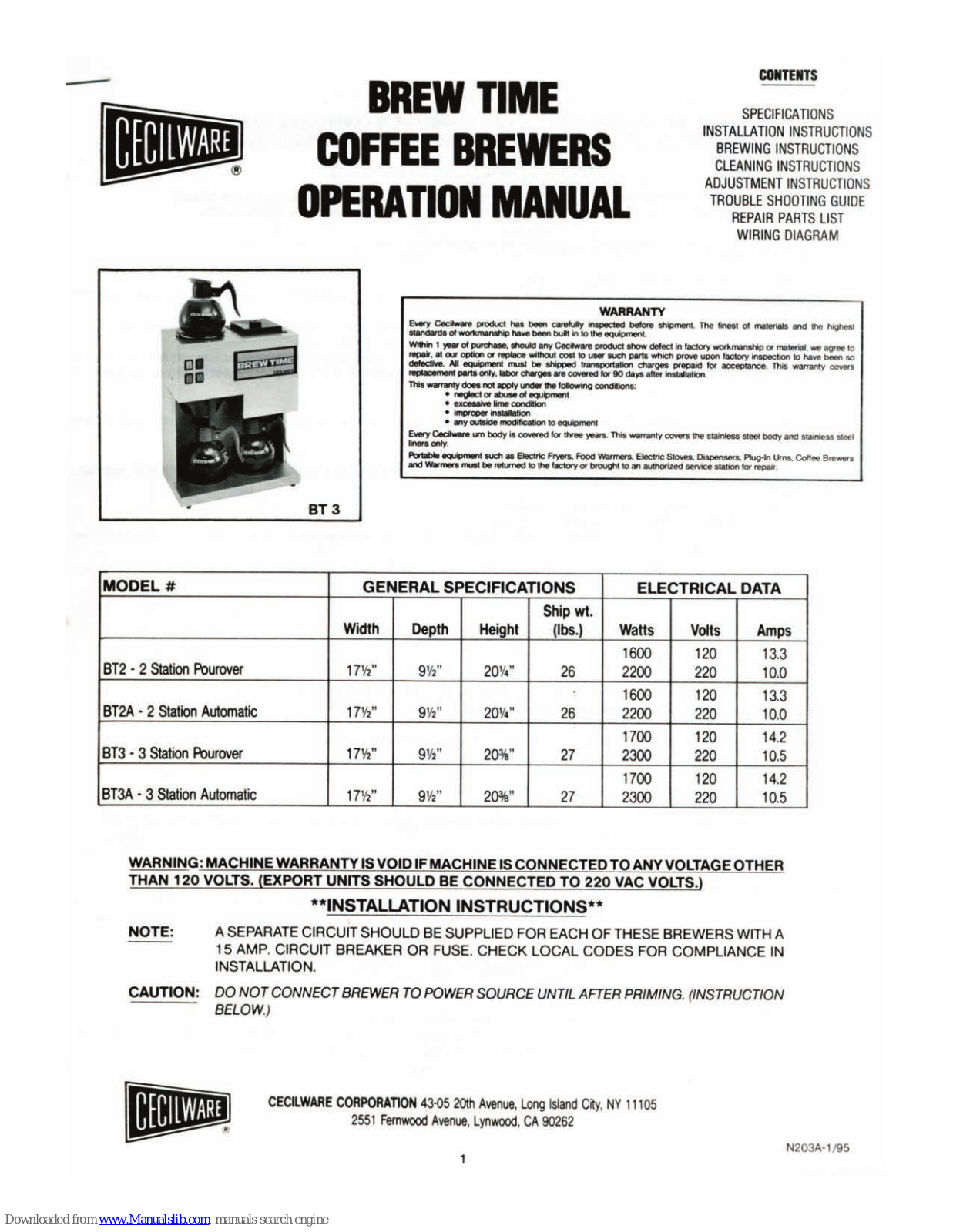 Cecilware Brew Time BT2, Brew Time BT3, Brew Time BT3A, Brew Time BT2A Operation Manual