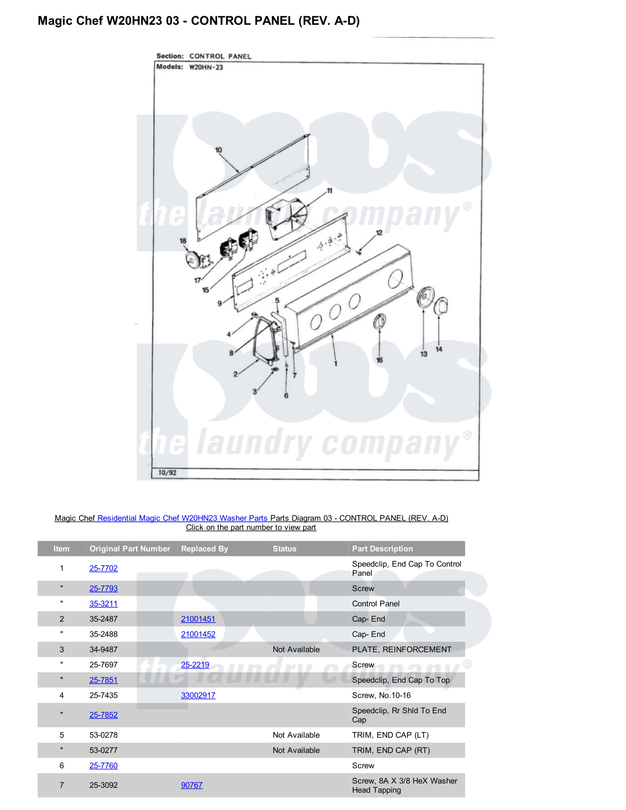 Magic Chef W20HN23 Parts Diagram