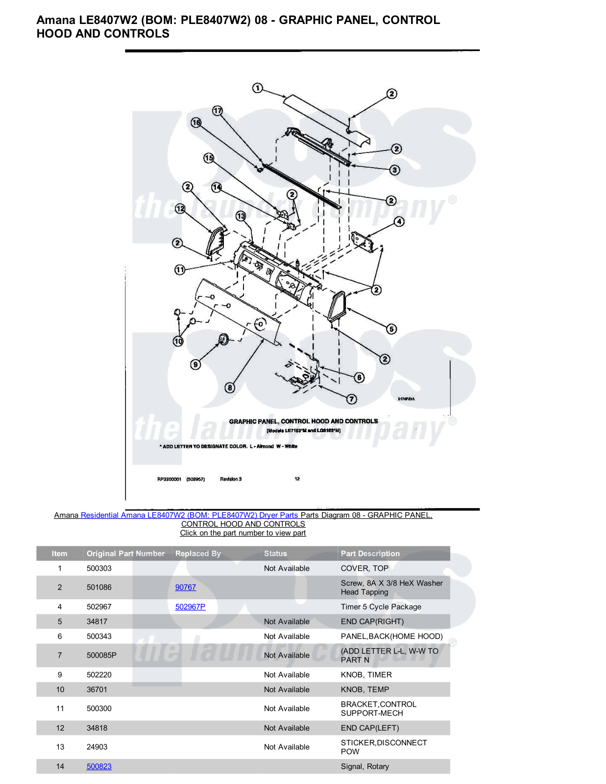 Amana LE8407W2 Parts Diagram