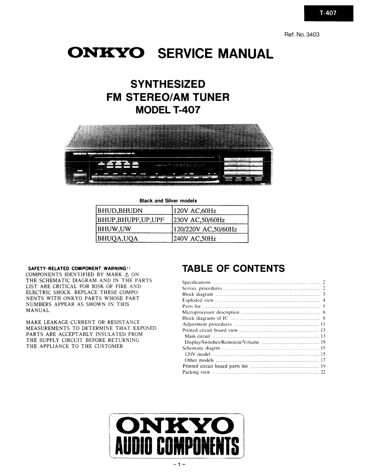 Onkyo T-407 Service manual