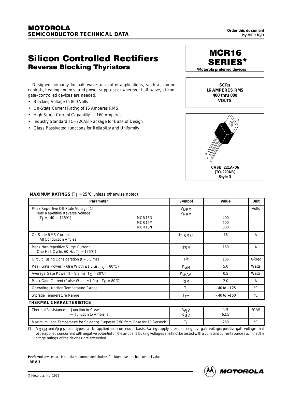 Motorola MCR16N, MCR16D, MCR16M Datasheet