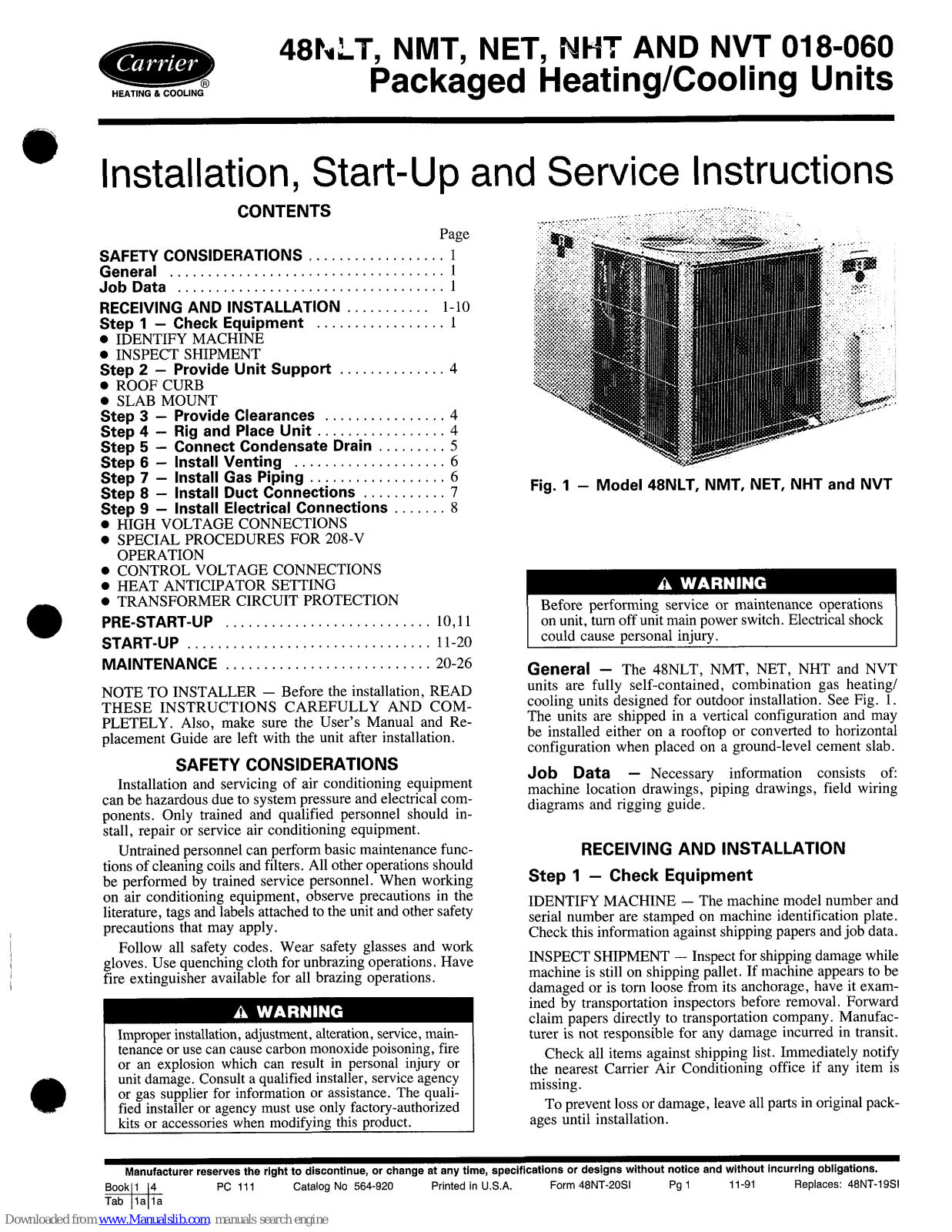 Carrier 48NET042, 48NET036, 48NVT036, 48NVT042, 48NVT048 Installation, Start-up And Service Instructions Manual - ManualMachine.com