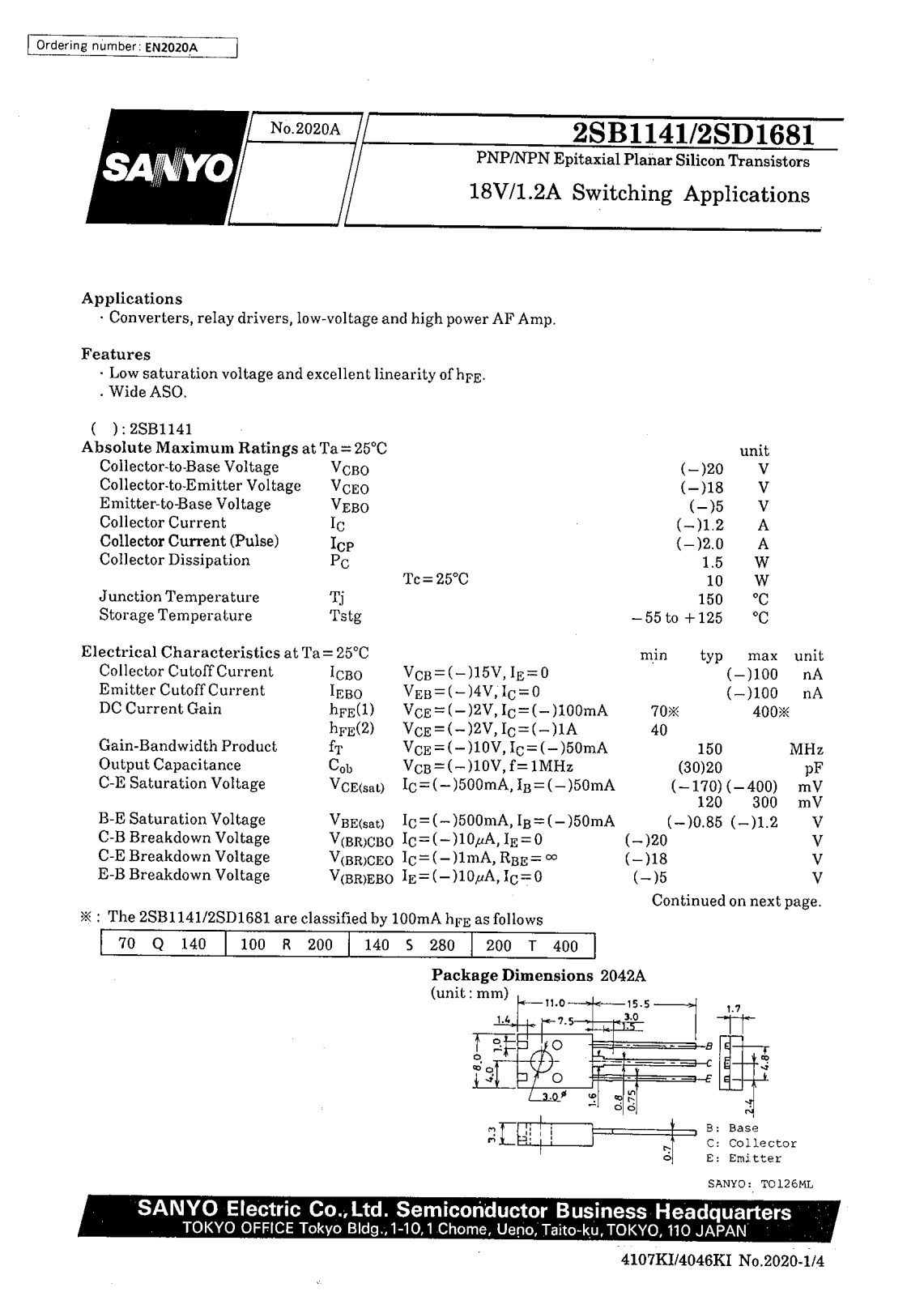 SANYO 2SD1681, 2SB1141 Datasheet