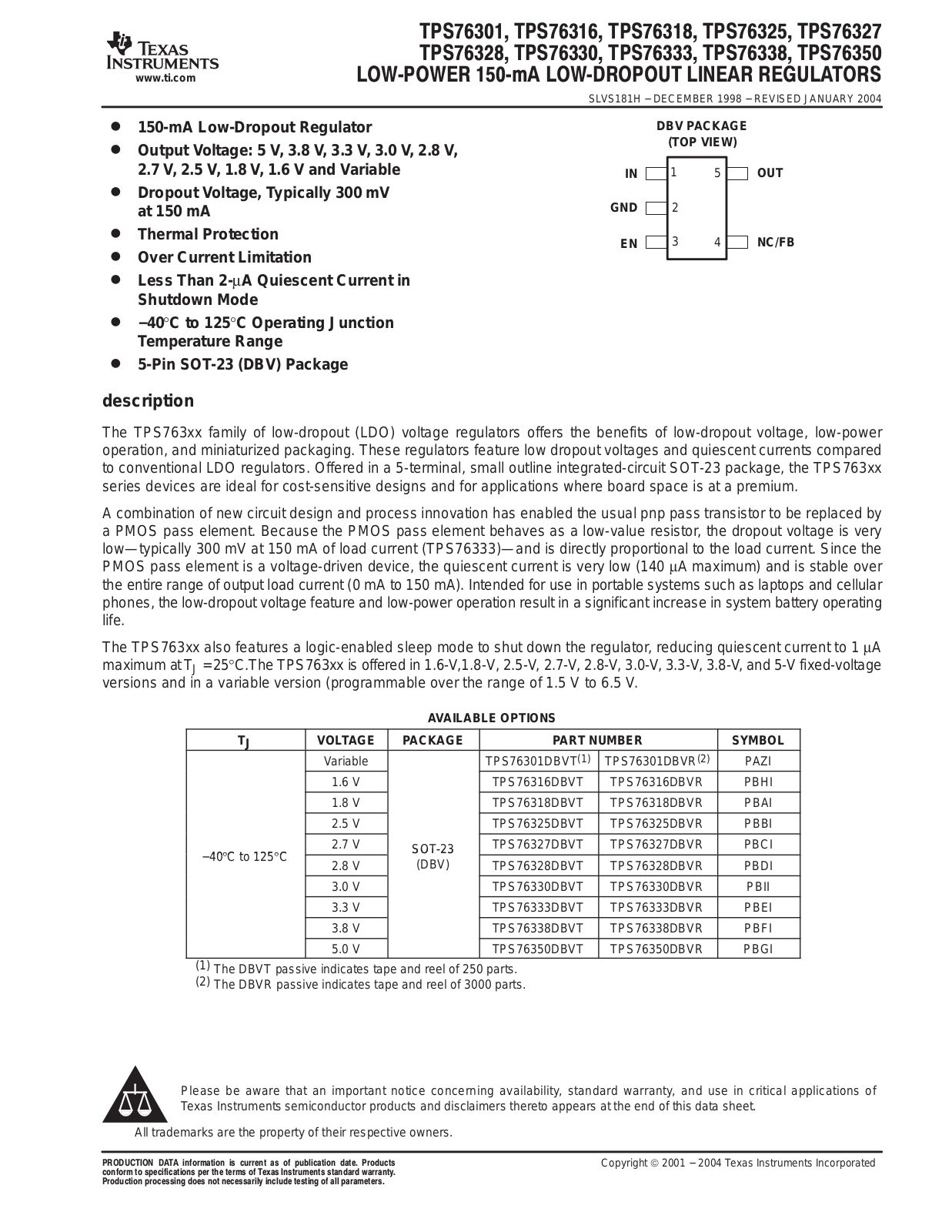 Texas Instruments TPS76301DBV, TPS76316DBV, TPS76318DBV, TPS76325DBV, TPS76327DBV Schematic