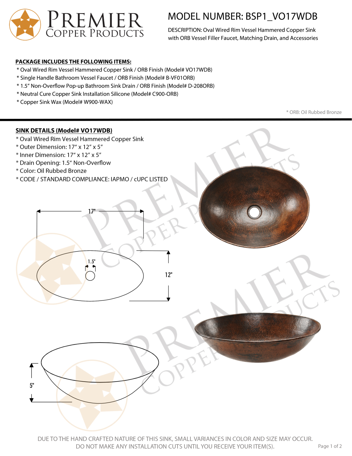 Premier Copper Products IER1436 Specifications - ManualMachine.com